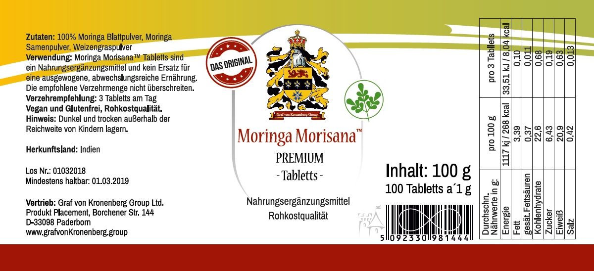 Moringa Morisana (TM) Premium Presslinge – eine neue, einzigartige, nährstoffreiche und hochwirksame Rezeptur aus Moringablättern, Moringasamen sowie Weizengraspulver.