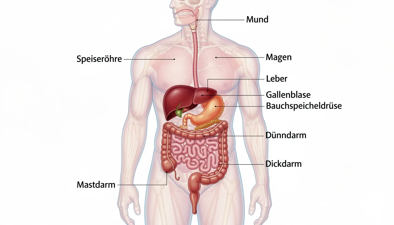 Die anatomische Darstellung des menschlichen Verdauungssystems zeigt die verschiedenen Organe und deren Funktionen, die für die Verdauung von Lebensmitteln, wie Fleisch und Brot, verantwortlich sind. Dabei spielt auch der Salzgehalt in der Ernährung eine wichtige Rolle, da ein übermäßiger Salzkonsum, insbesondere von Natriumchlorid, mit Gesundheitsrisiken wie Bluthochdruck und Herz-Kreislauf-Erkrankungen verbunden ist.