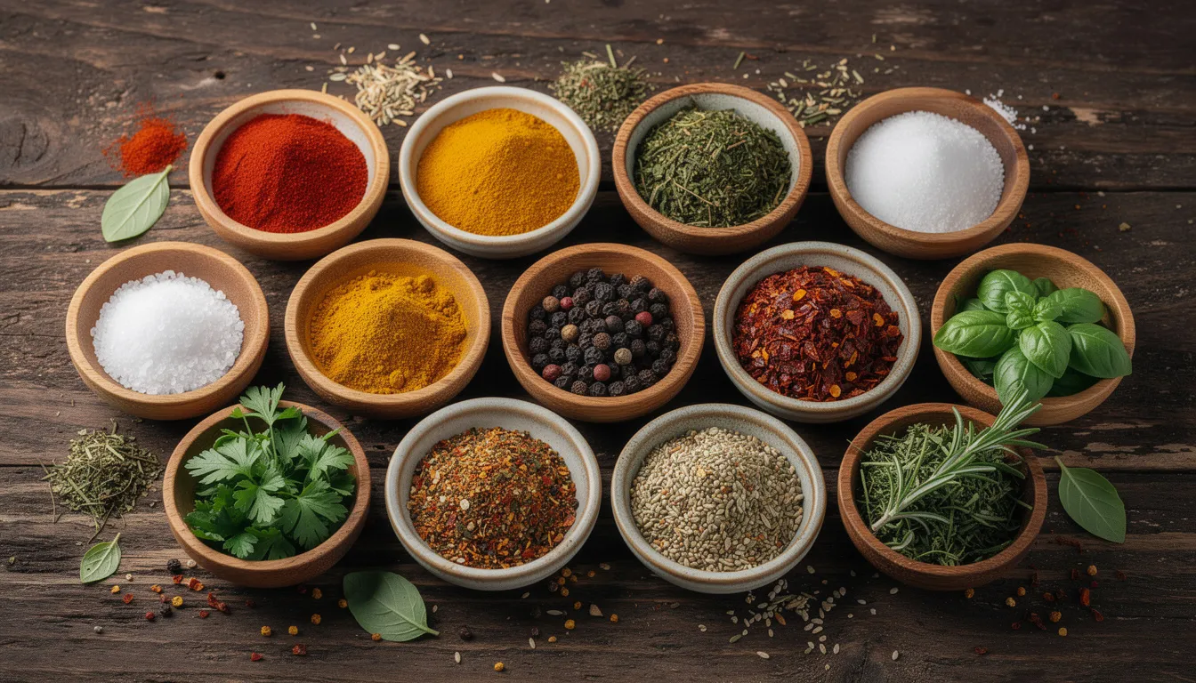 Auf dem Bild sind verschiedene Gewürze und Kräuter in kleinen Schalen arrangiert, die eine bunte Palette an Farben und Texturen bieten. Diese Zutaten sind essenziell für die Ernährung und können die Salzaufnahme in der täglichen Kost bereichern, während sie gleichzeitig die Gesundheit und den Geschmack der Speisen fördern.