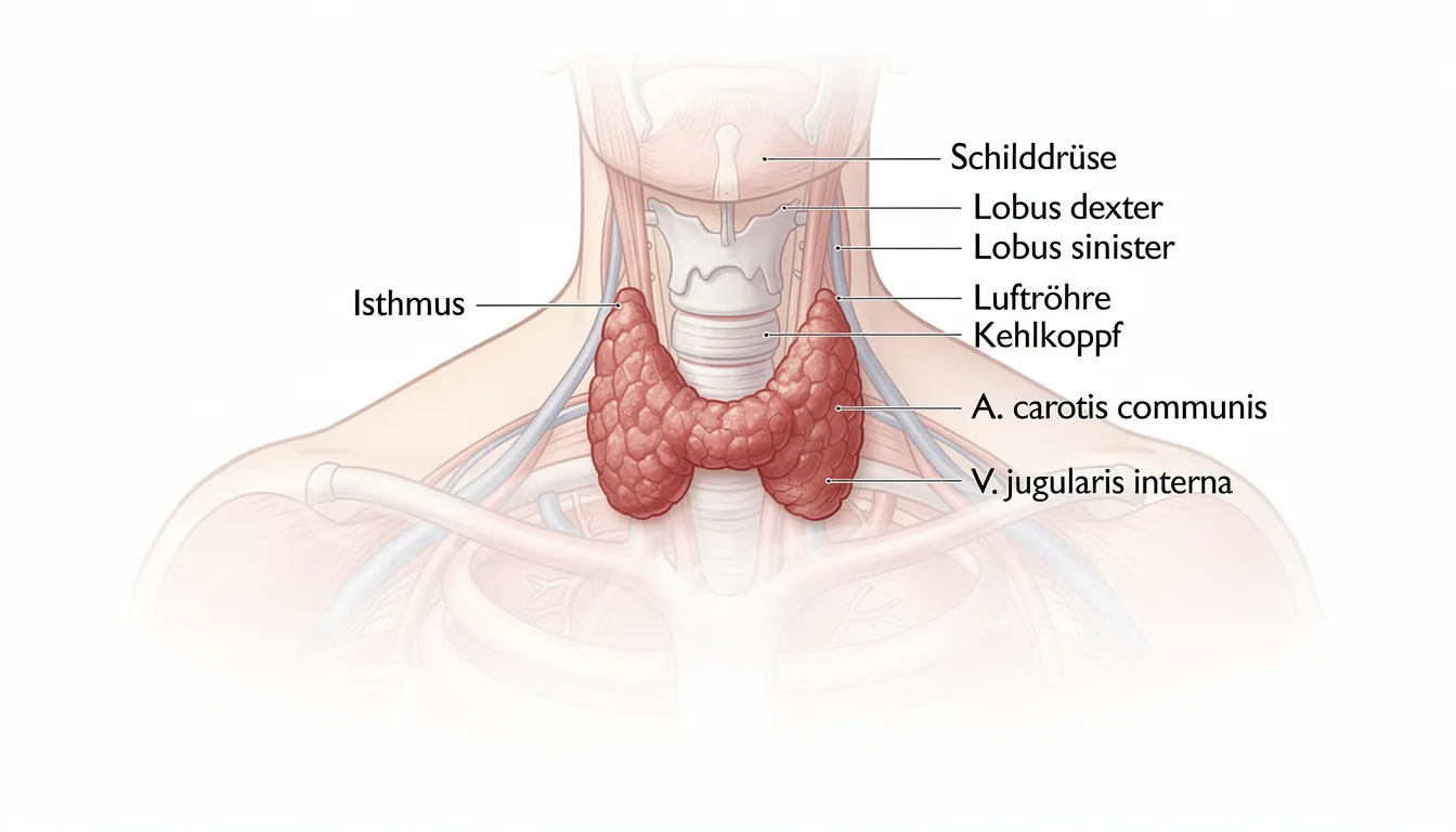Das Bild zeigt eine anatomische Darstellung der Schilddrüse, die in der menschlichen Anatomie eine wichtige Rolle spielt. Diese Drüse beeinflusst den Stoffwechsel und hat Auswirkungen auf den Salzgehalt im Körper, was wiederum mit Bluthochdruck und Herz-Kreislauf-Erkrankungen in Verbindung steht.