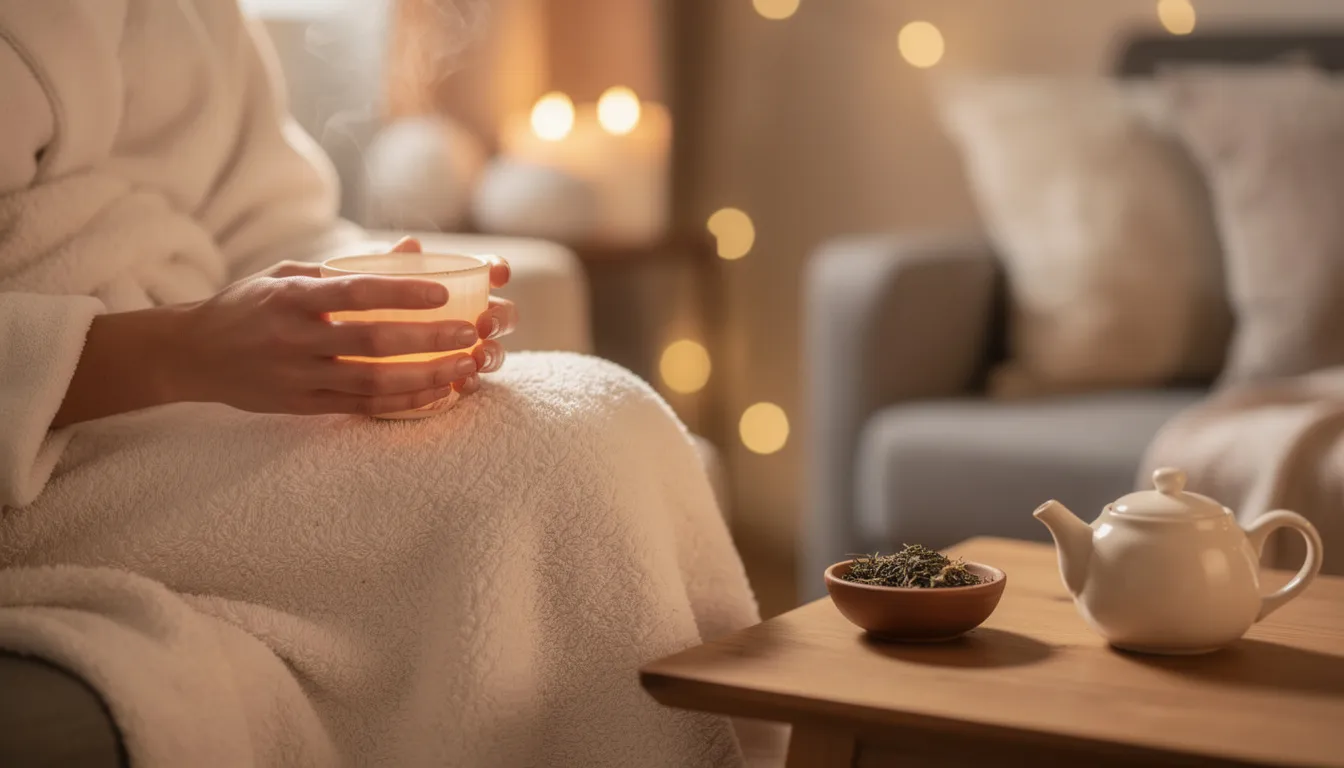 Eine Person hält eine warme Tasse Tee in einer gemütlichen Wellness-Atmosphäre, umgeben von einem entspannenden Ambiente. Der Tee könnte aus Lapacho-Rinde hergestellt sein, einer Heilpflanze, die für ihren angenehmen Geschmack und ihre positive Wirkung bekannt ist.